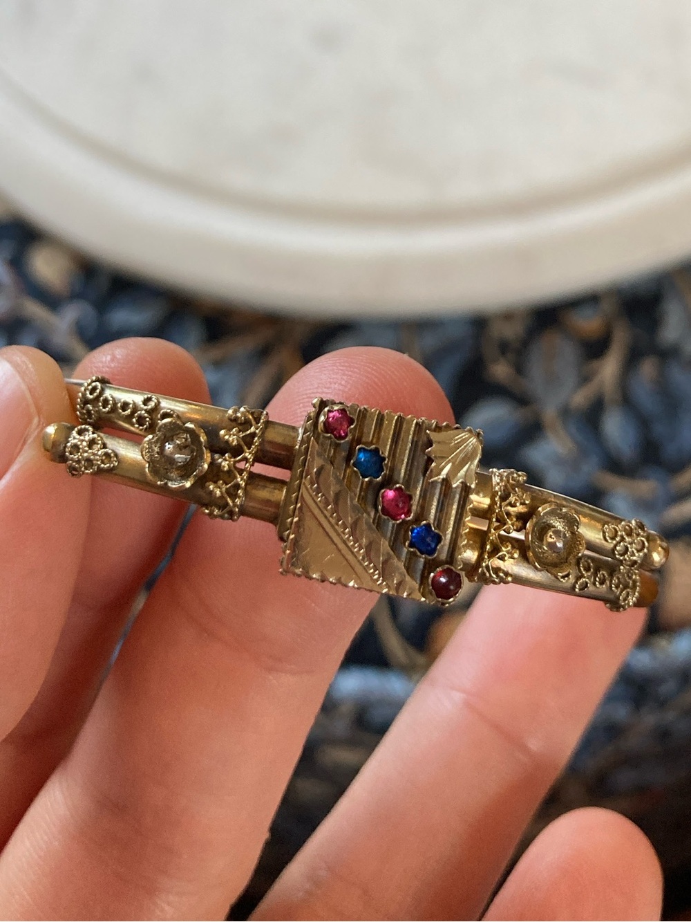 Antique Victorian Rose-Cut Garnet & Paste Etruscan Bracelet PAT. July 14, 1885